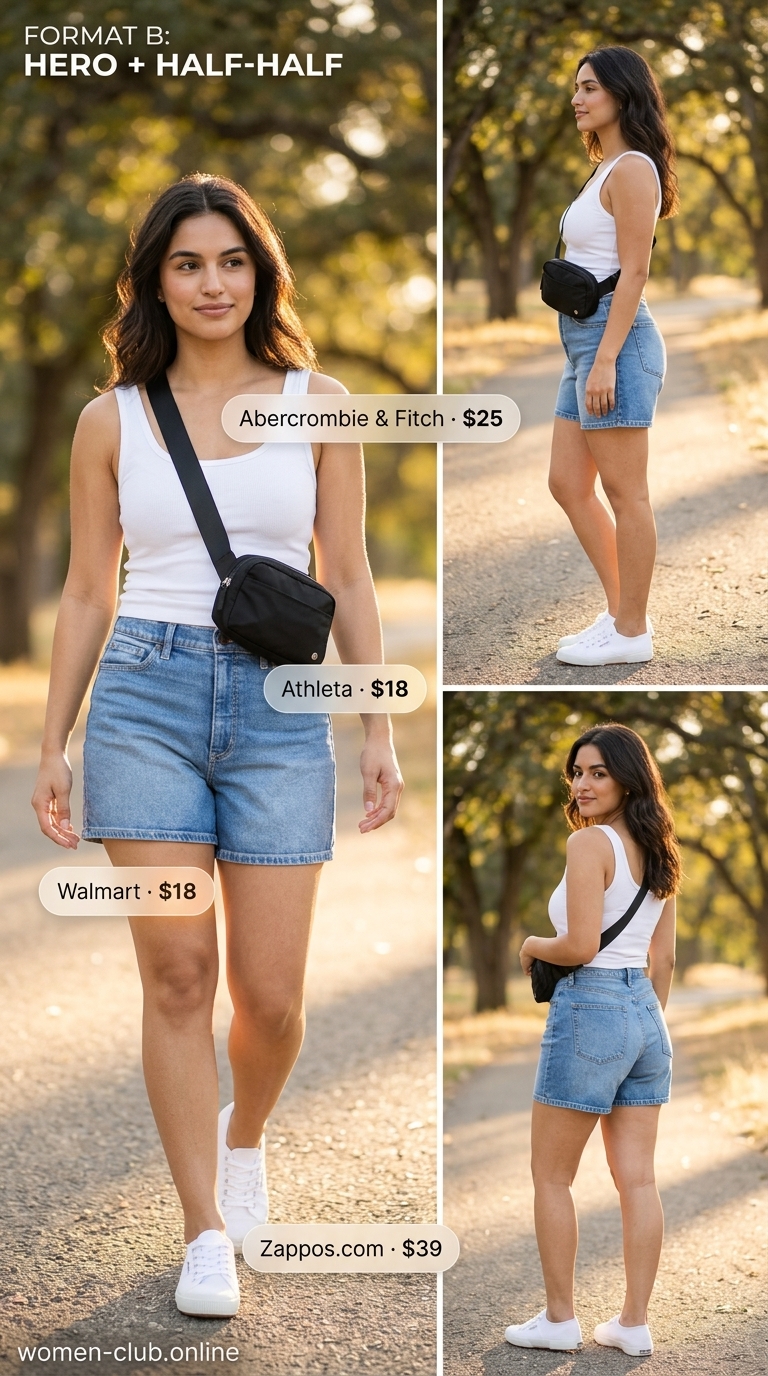 Comfy Plus Size Summer Outfits 2026: Shorts & Shirt Style Comfy plus size summer outfits for women 2026: Denim shorts, olive shirt, white tank, sneakers for weekend exploring.