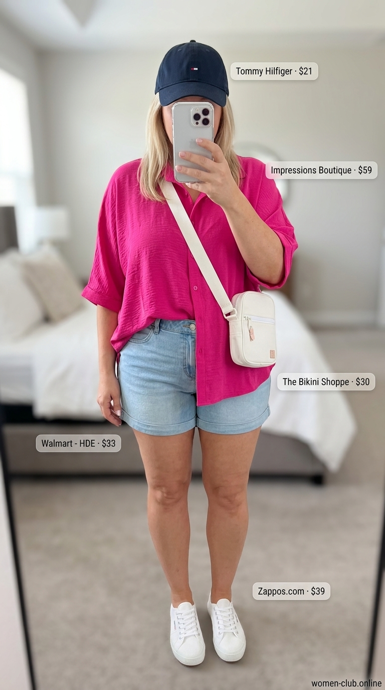 Comfy Plus Size Summer Outfits 2026: Denim Shorts Park Comfy plus size summer outfits for women 2026: Denim shorts, oversized shirt, and sneakers for park day.