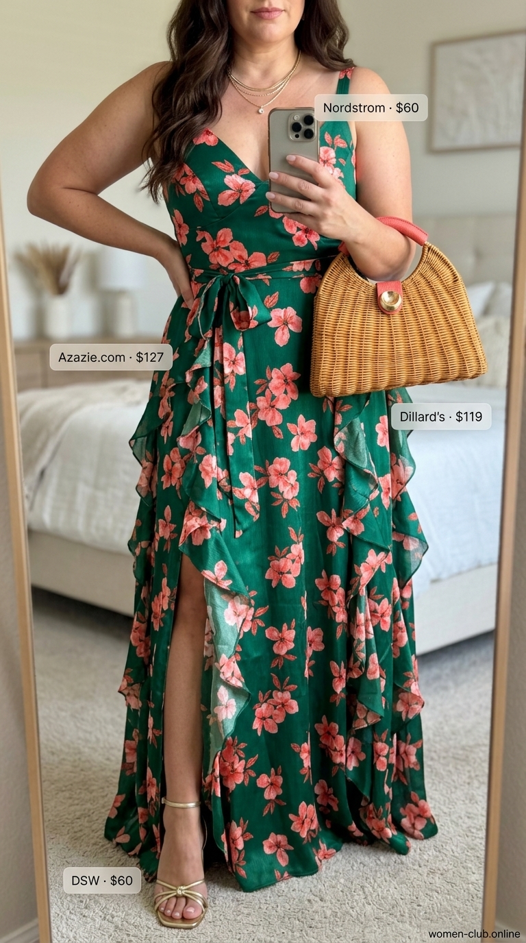 Comfy Plus Size Summer Outfits 2026: Garden Party Comfy plus size summer outfits for women 2026: Emerald green floral maxi dress, gold sandals, coral clutch for garden party.