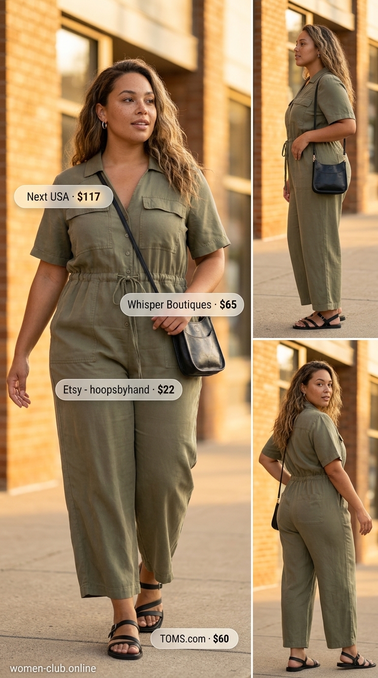 Comfy Plus Size Summer Outfits 2026: Chic Jumpsuit Style Comfy plus size summer outfits for women 2026: Khaki jumpsuit, black sandals, silver earrings for a chic day out.