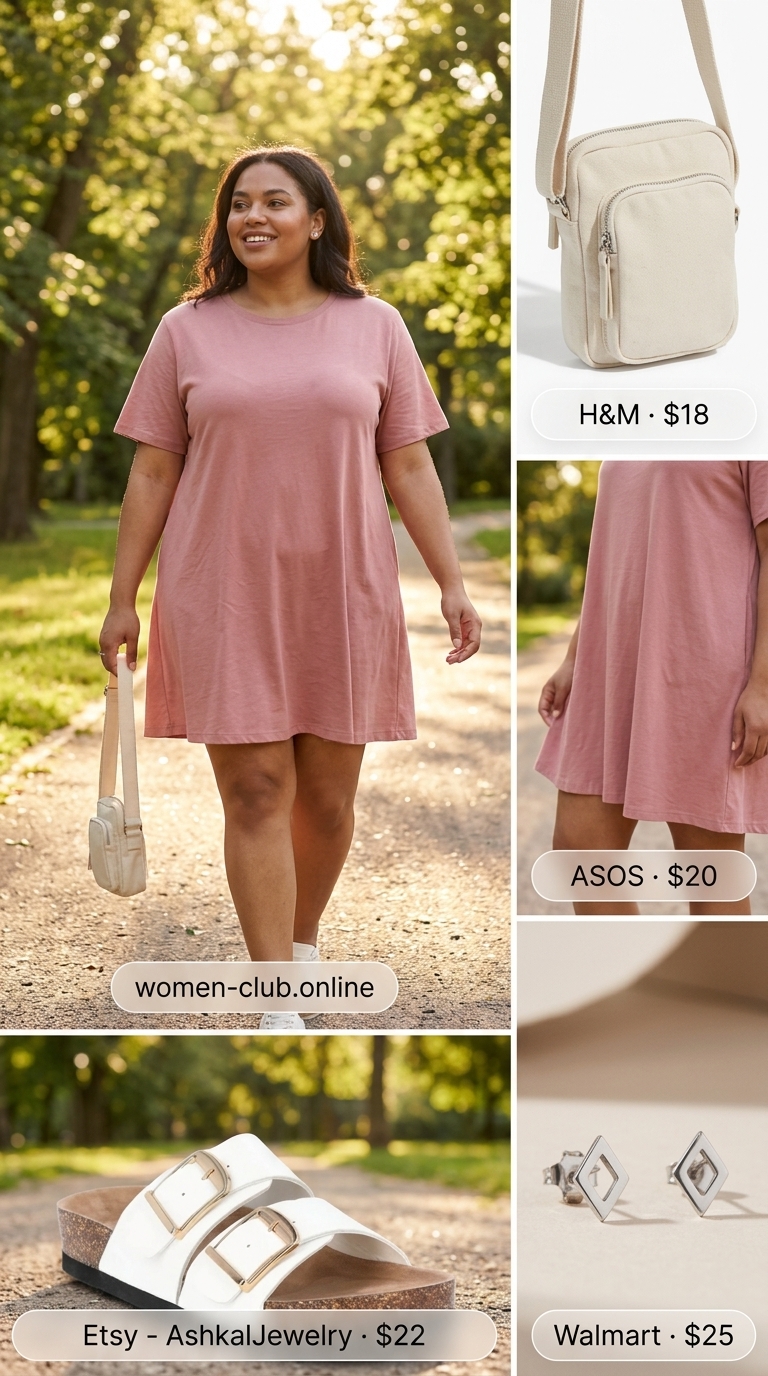 Comfy Plus Size Summer Outfits 2026: Lakeside Lounge Comfy plus size summer outfits for women 2026: Dusty rose t-shirt dress, white slide sandals, canvas crossbody for lakeside.
