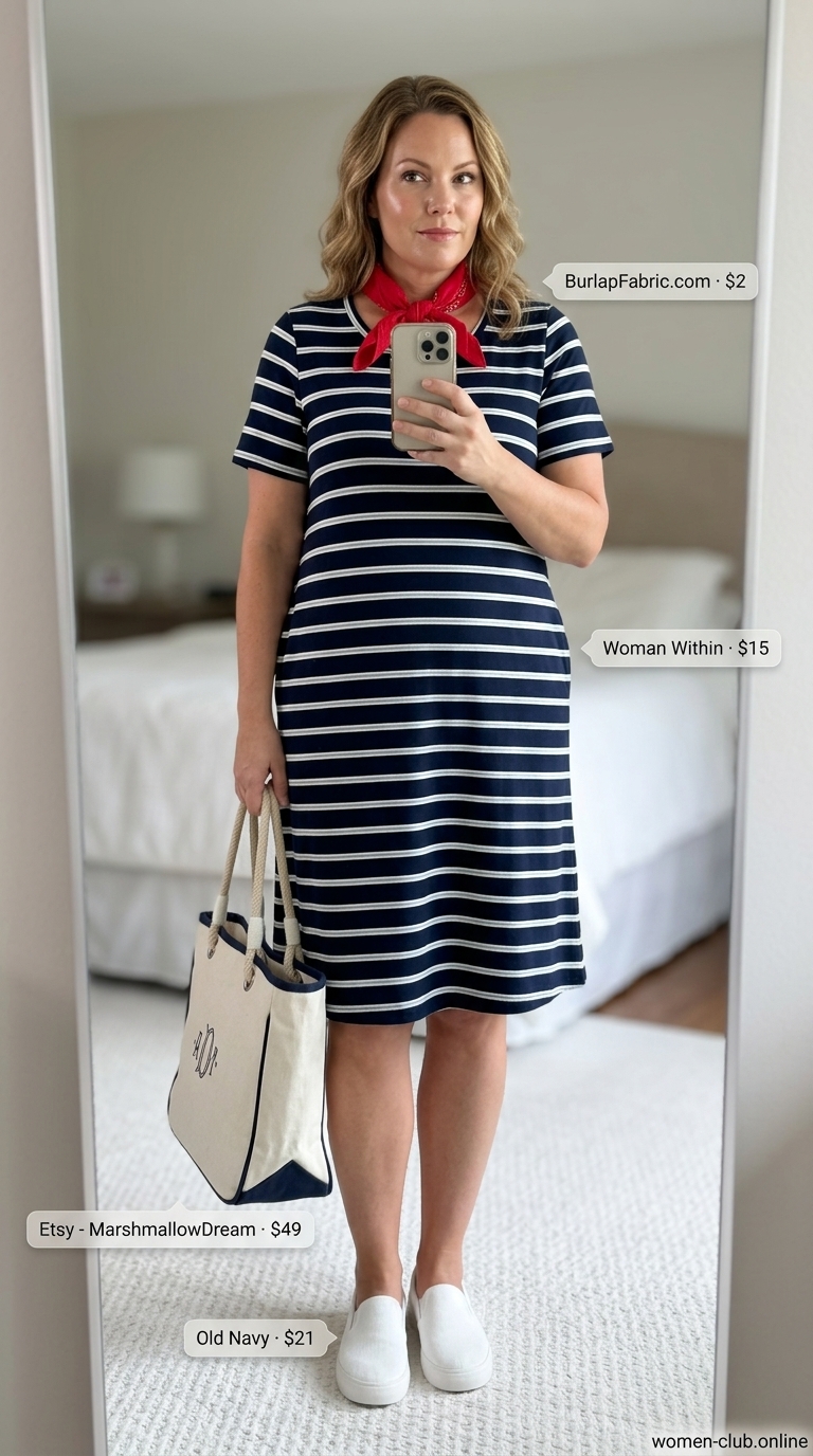 Comfy Plus Size Summer Outfits 2026: Lakeside Lunch Comfy plus size summer outfits for women 2026: Navy & white stripe midi dress, white sneakers, red bandana for lakeside lunch.