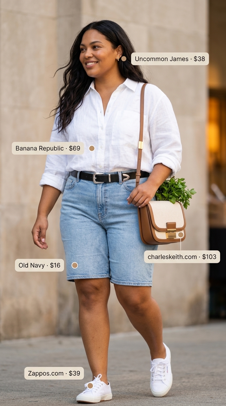 Comfy Plus Size Summer Outfits 2026: Market Explorer Comfy plus size summer outfits for women 2026: Light wash denim shorts, white linen shirt, white sneakers for market.