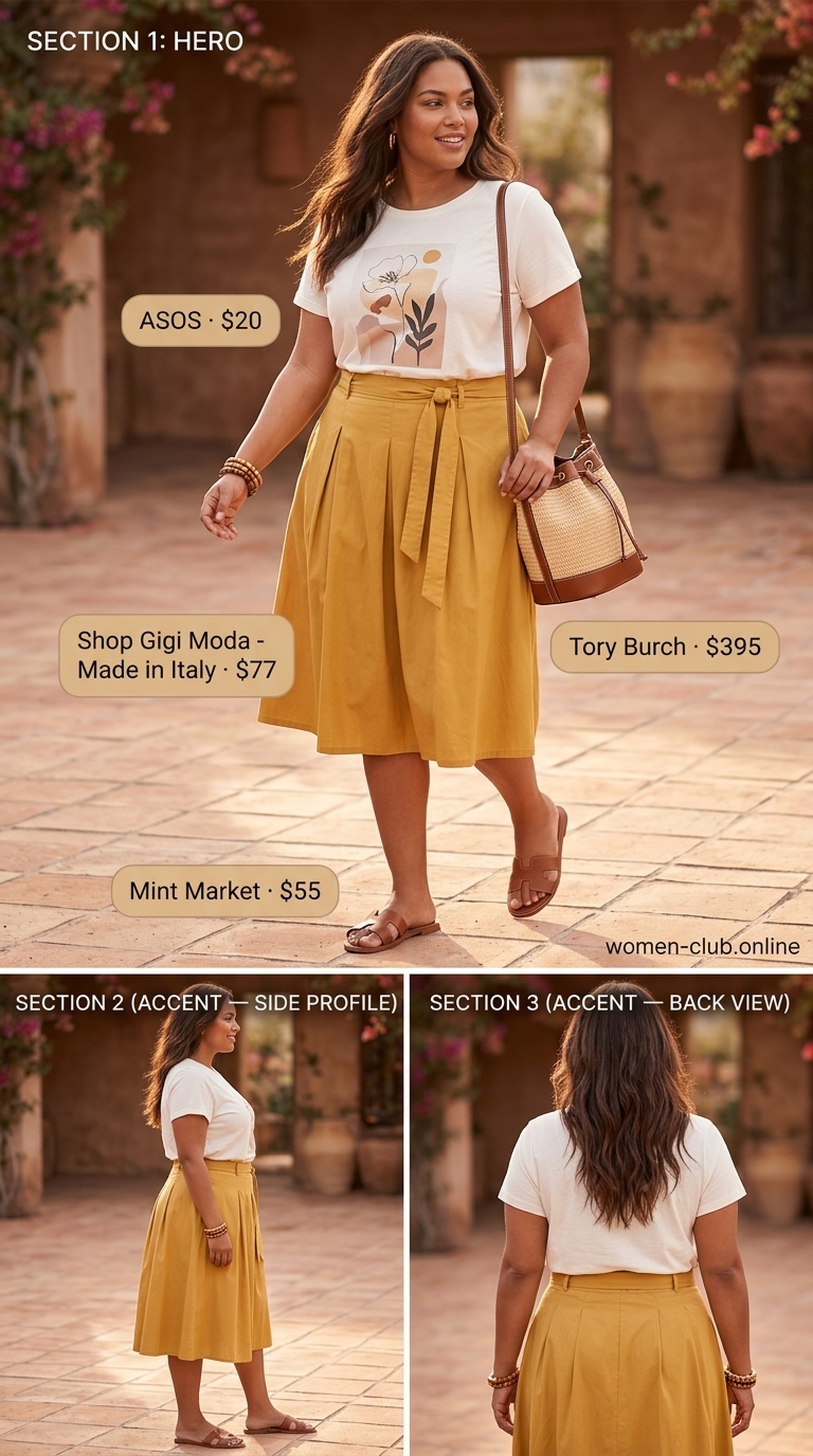 Comfy Plus Size Summer Outfits 2026: Skirt & Tee Style Comfy plus size summer outfits for women 2026: Mustard yellow skirt, graphic tee, slide sandals for a garden stroll.