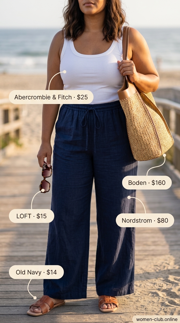 Comfy Plus Size Summer Outfits 2026: Linen Pants Style Comfy plus size summer outfits for women 2026: Navy linen pants, white tank, tan sandals for coastal chill.