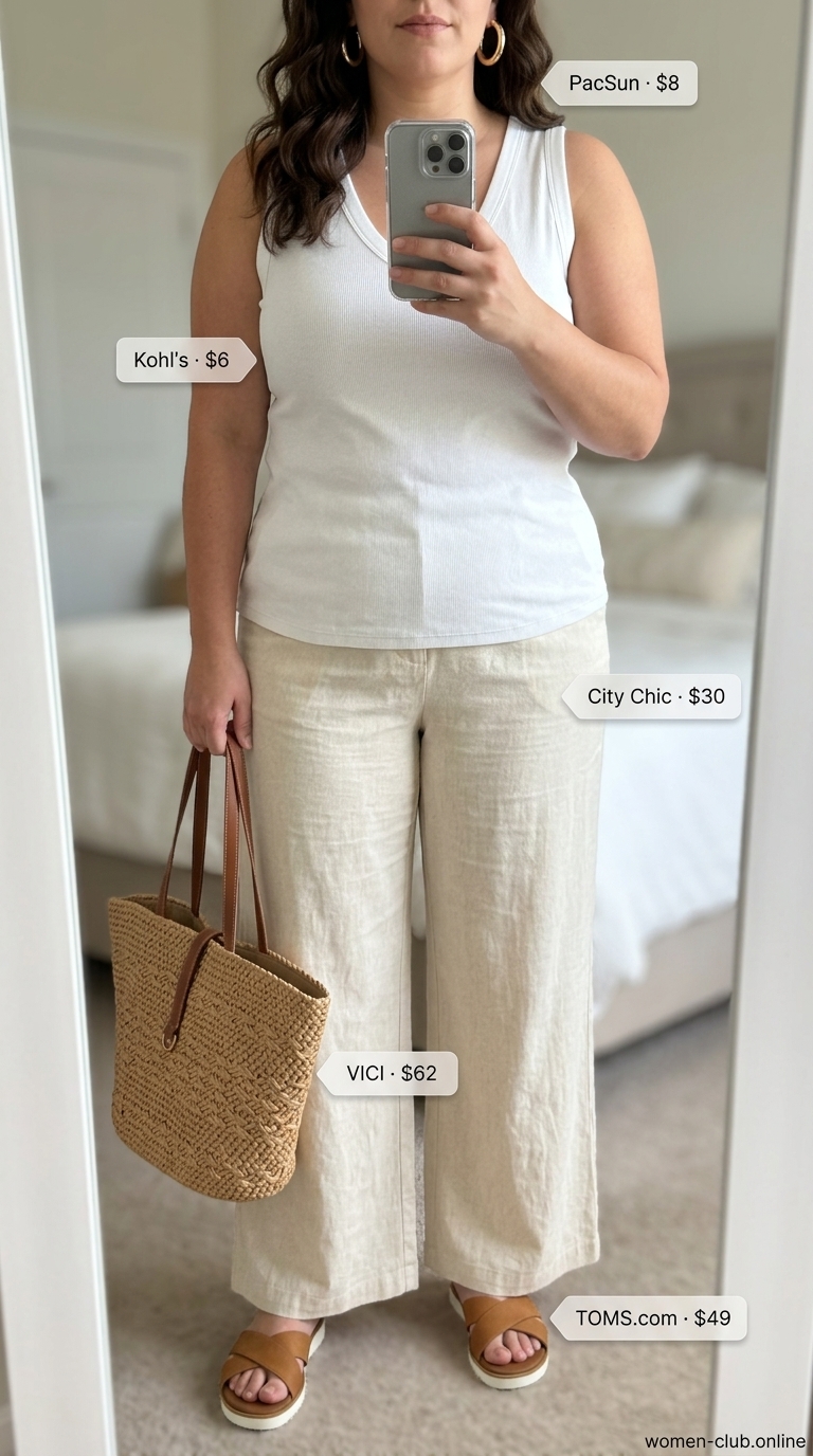 Comfy Plus Size Summer Outfits 2026: Oatmeal Linen Brunch Comfy plus size summer outfits for women 2026: Oatmeal linen pants, white tank, and straw tote for brunch.