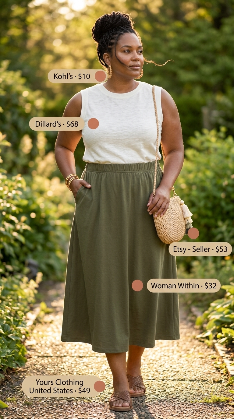 Comfy Plus Size Summer Outfits 2026: Olive Skirt Festival Comfy plus size summer outfits for women 2026: Olive green skirt, ivory tank, and straw bag for festival.