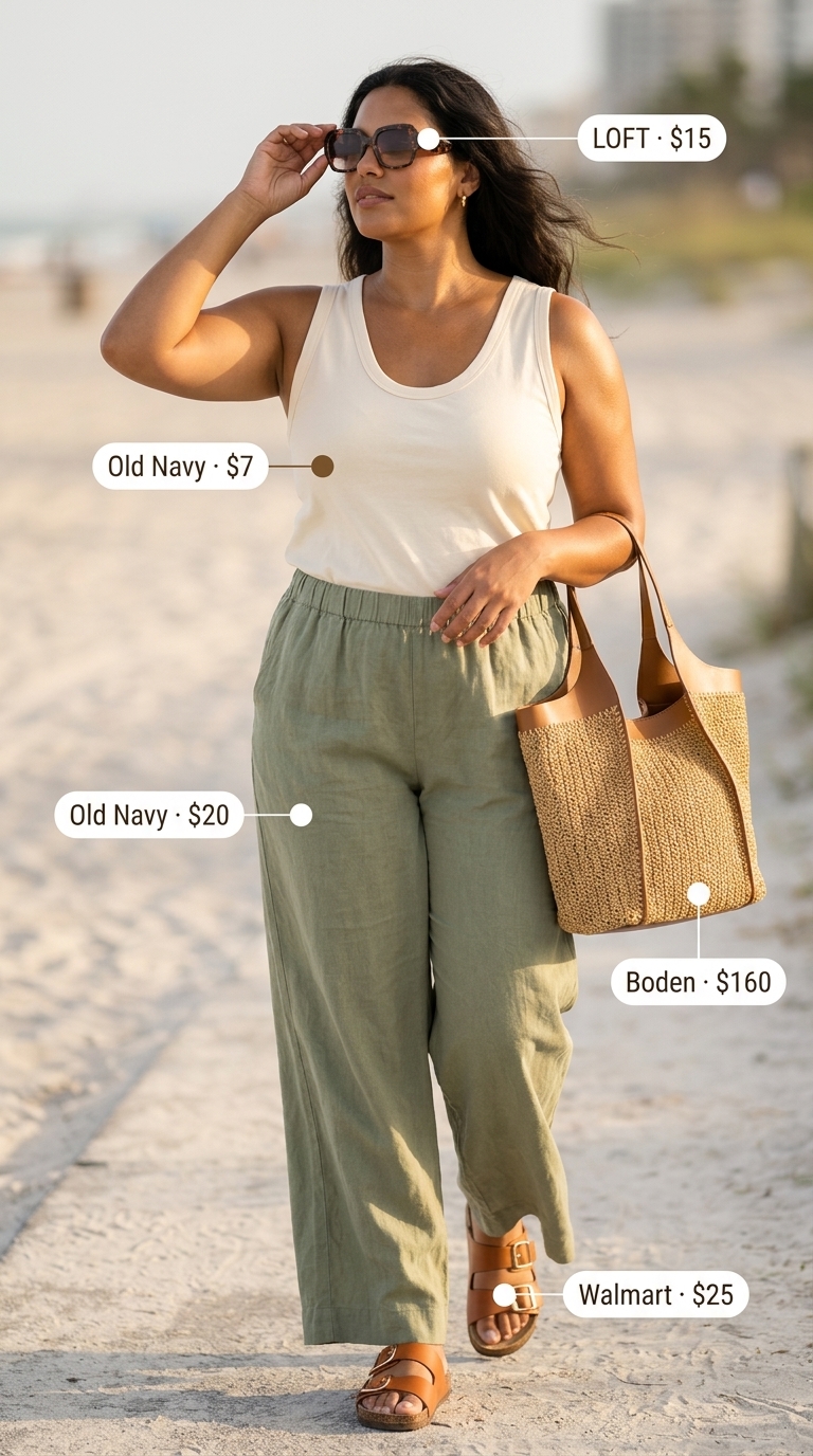 Comfy Plus Size Summer Outfits 2026: Sage Linen Pants Comfy plus size summer outfits for women 2026: Sage green linen pants, cream tank, and straw tote for beach day.