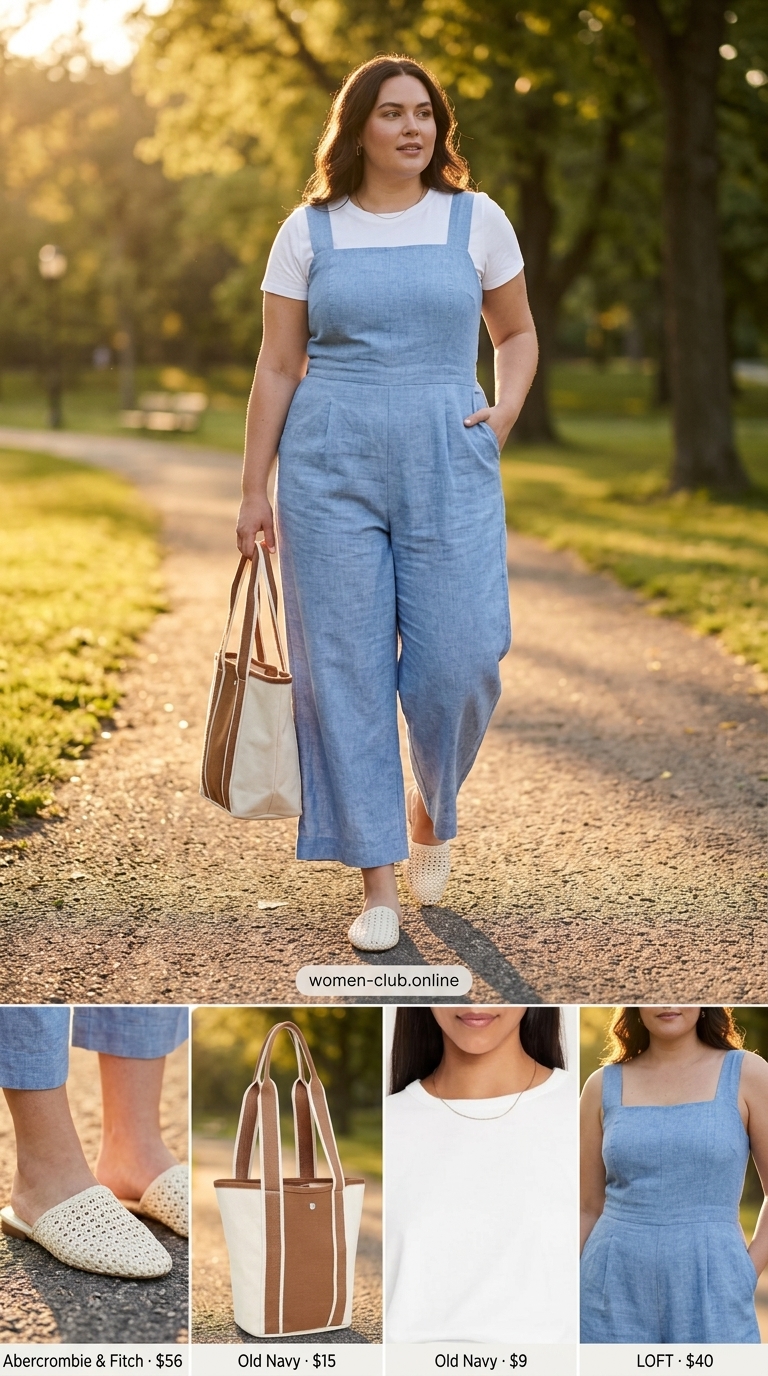 Comfy Plus Size Summer Outfits 2026: Sky Blue Romper Park Comfy plus size summer outfits for women 2026: Sky blue romper, white tee, and canvas tote for park day.