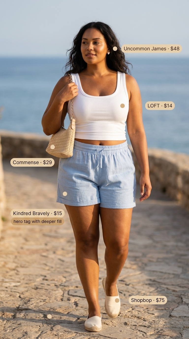 Comfy Plus Size Summer Outfits 2026: Shorts & Tank Style Comfy plus size summer outfits for women 2026: Sky blue shorts, white tank, espadrille flats for lakeside lunch.