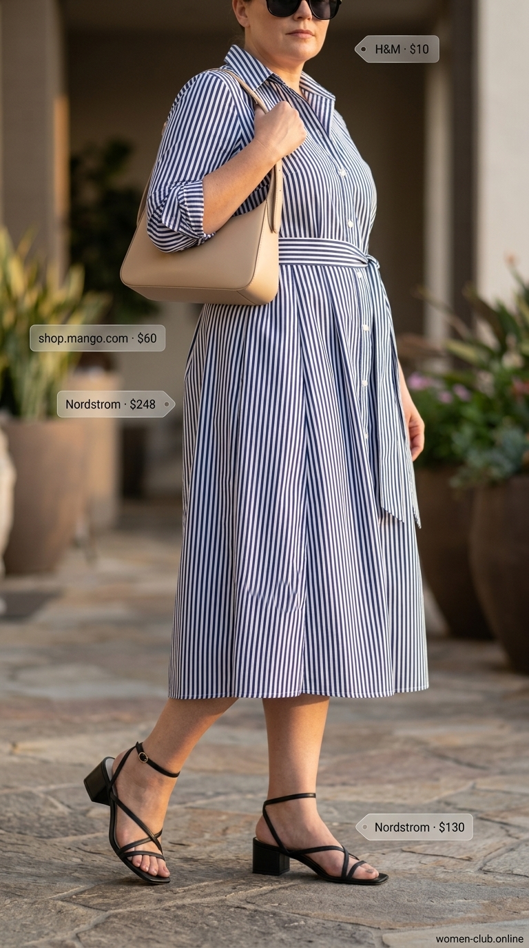 Comfy Plus Size Summer Outfits 2026: Shirt Dress Style Comfy plus size summer outfits for women 2026: Navy stripe shirt dress, black sandals, khaki bag for polished brunch.