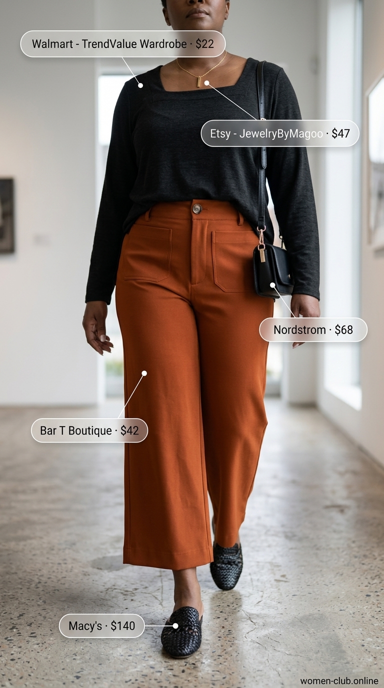 Comfy Plus Size Summer Outfits 2026: Cropped Pants Style Comfy plus size summer outfits for women 2026: Terracotta pants, black tunic, mules for art gallery casual.