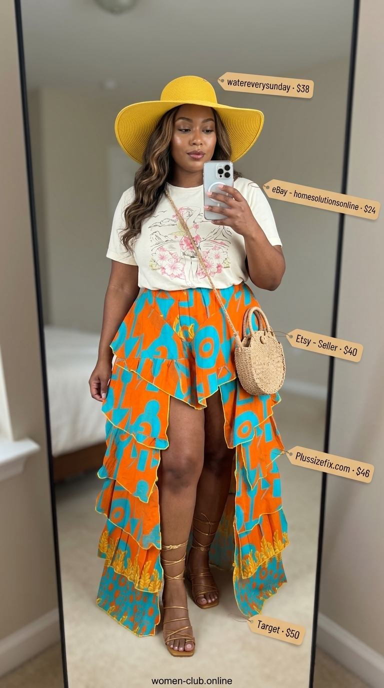 Comfy Plus Size Summer Outfits 2026: Terracotta Skirt Style Comfy plus size summer outfits for women 2026: Terracotta skirt, graphic tee, and straw hat for art market.