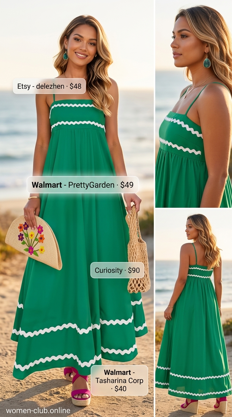 Comfy plus size summer outfits for women 2026: Emerald green maxi dress, fuchsia espadrilles, statement earrings for tropical escape.