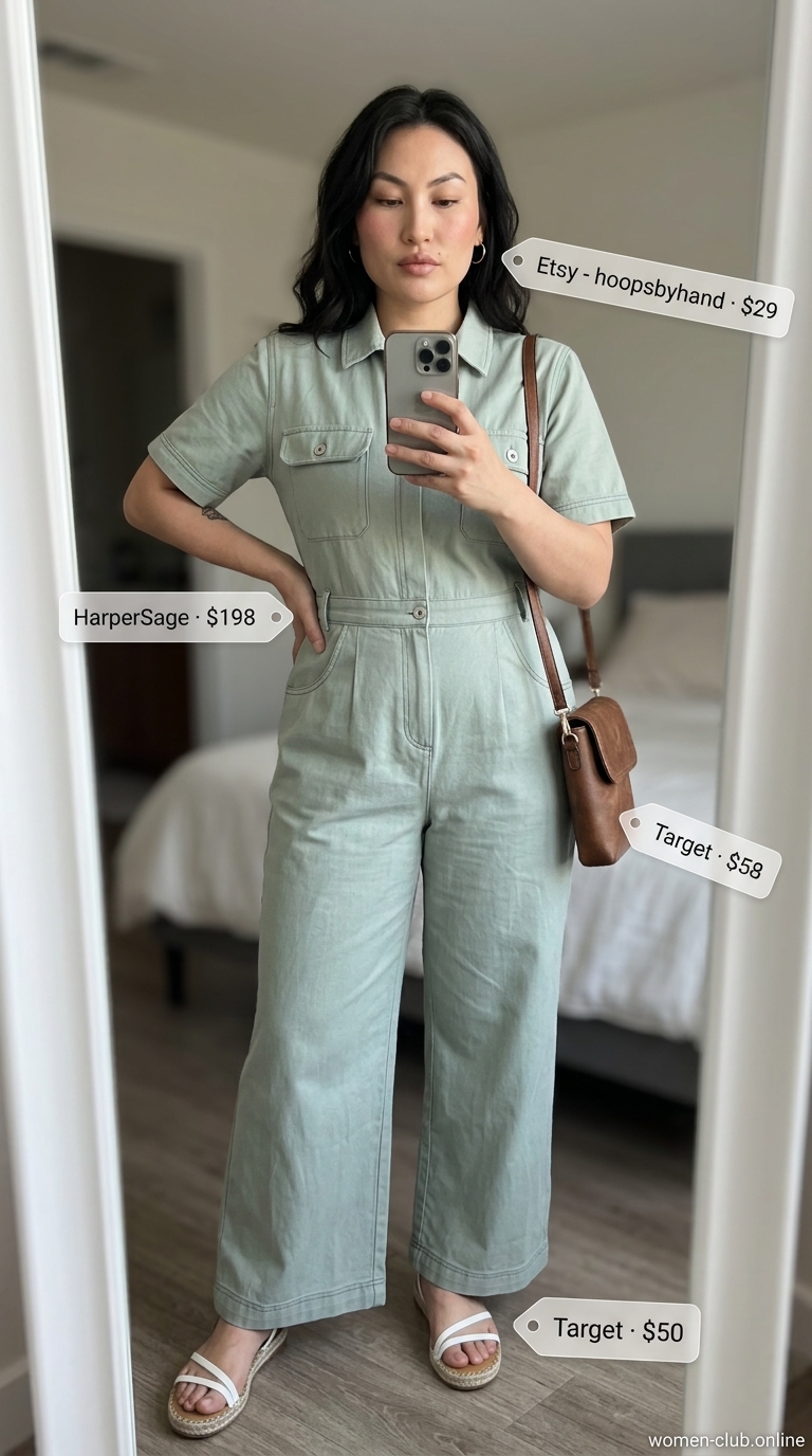 Comfy Plus Size Summer Outfits 2026: Utility Chic Comfy plus size summer outfits for women 2026: Sage green utility jumpsuit, espadrilles, crossbody bag for utility chic.