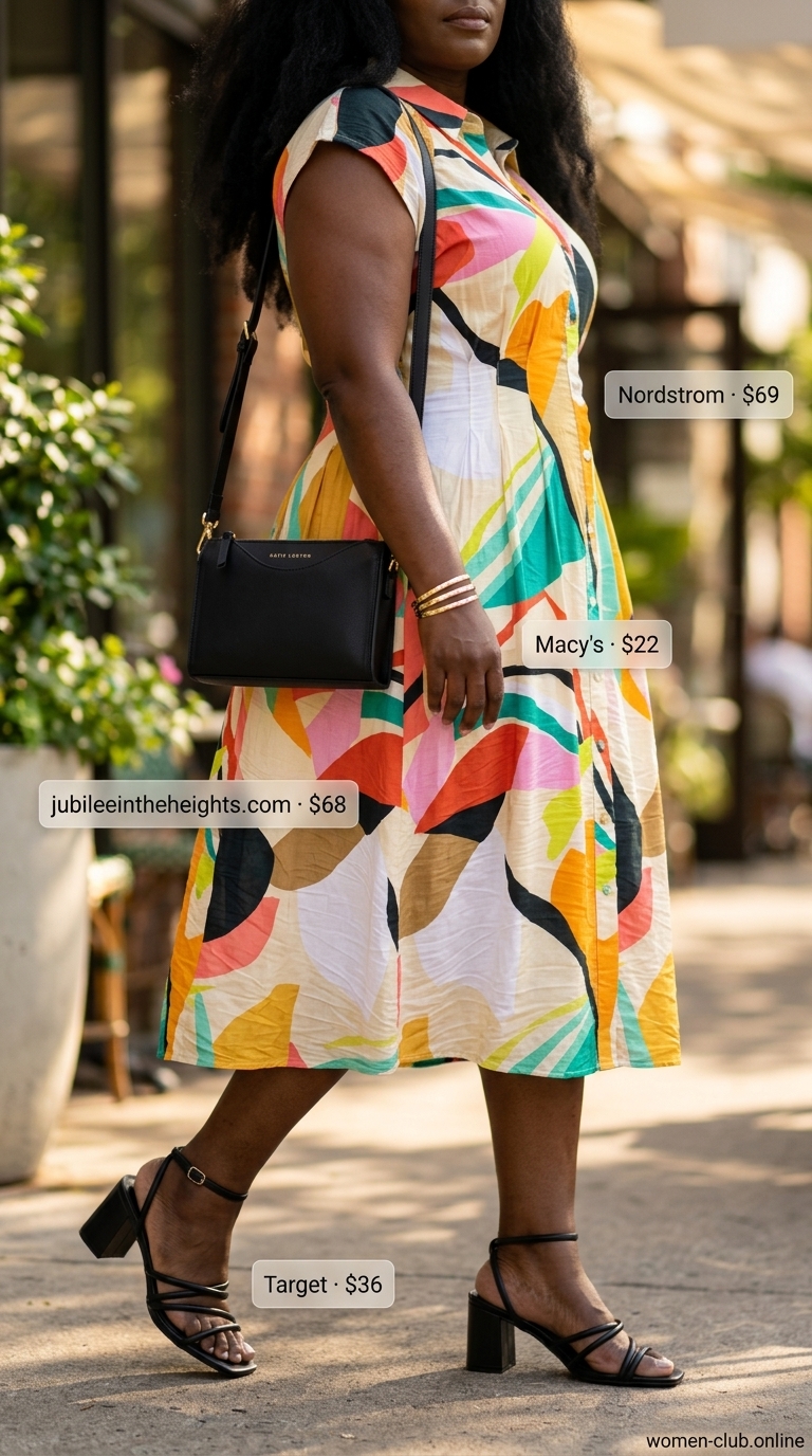Curvy Summer Outfit 2026: Bold Print Shirt Dress Curvy outfit summer for women 2026: Teal & coral abstract print midi shirt dress, black sandals, gold bangles for casual outing.