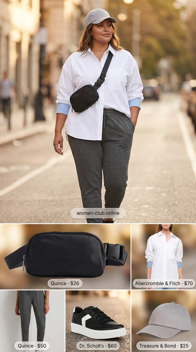 Relaxed Curvy Summer Outfit 2026: Athleisure Style Curvy outfit summer for women 2026: Grey joggers with oversized button-down shirt, sneakers, and belt bag for errands.