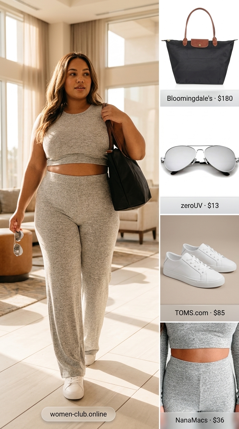 Curvy Outfit Summer for Women 2026: Athleisure Luxe Travel Curvy outfit summer for women 2026: Light grey knit set, white sneakers, aviator sunglasses for travel.