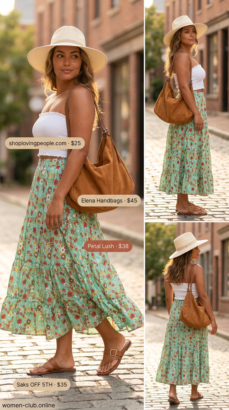 Boho Curvy Summer Outfit 2026: Floral Maxi Skirt Curvy outfit summer for women 2026: Boho floral maxi skirt with white crop top, slide sandals, and straw hat for festival.