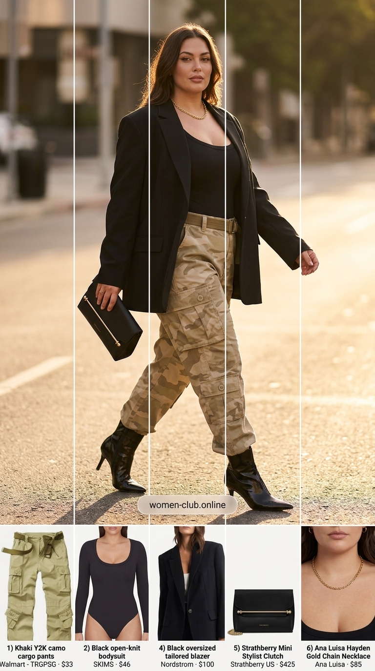Curvy Outfit Summer for Women 2026: Chic Cargo Combo Curvy outfit summer for women 2026: Khaki cargo pants, black blazer, bodysuit for casual Friday.