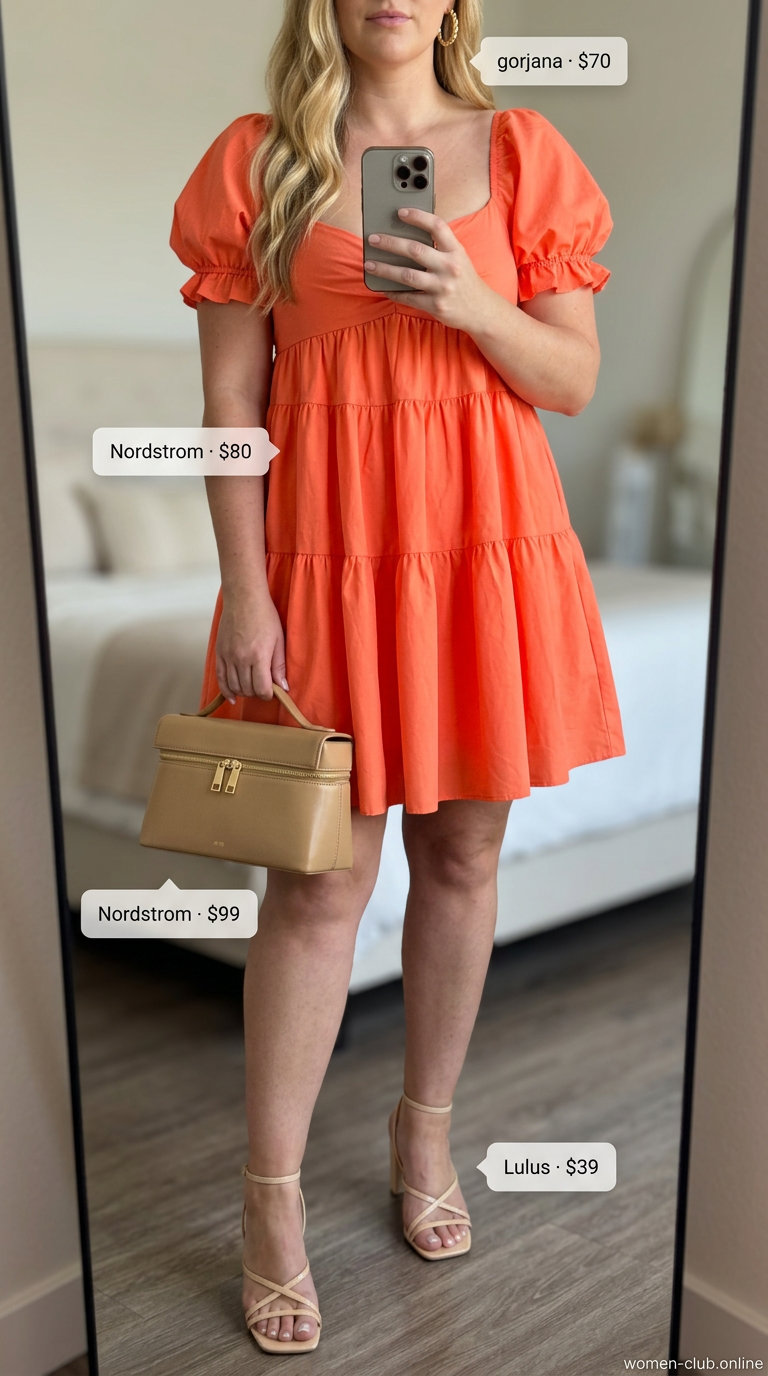 Trendy Curvy Summer Outfit 2026: Coral Puff Sleeve Dress Curvy outfit summer for women 2026: Coral puff sleeve mini dress with strappy heels and top-handle bag for a party.