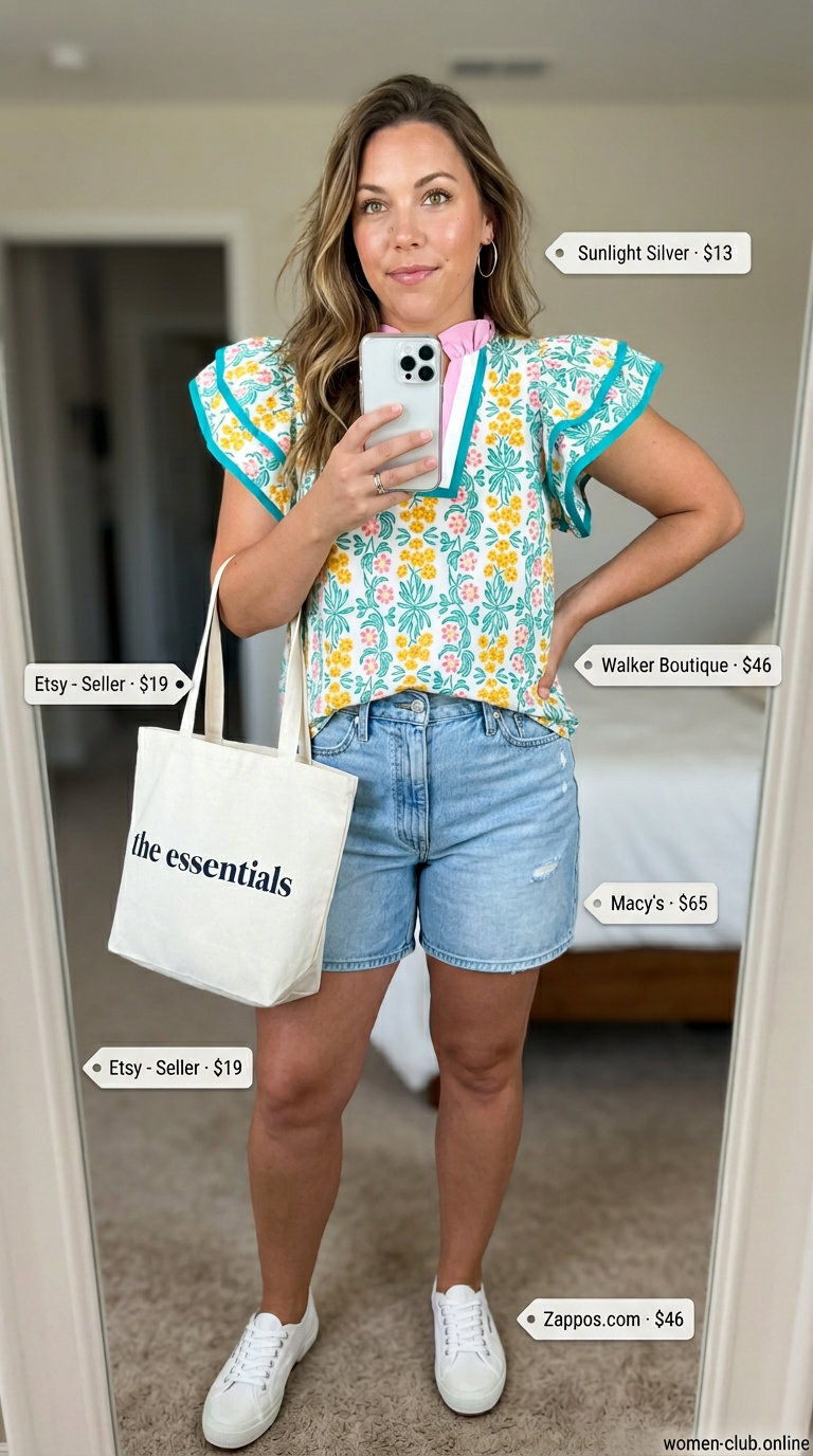 Playful Curvy Summer Outfit 2026: Denim & Floral Curvy outfit summer for women 2026: Denim shorts with floral blouse, canvas sneakers, and tote bag for casual daytime.
