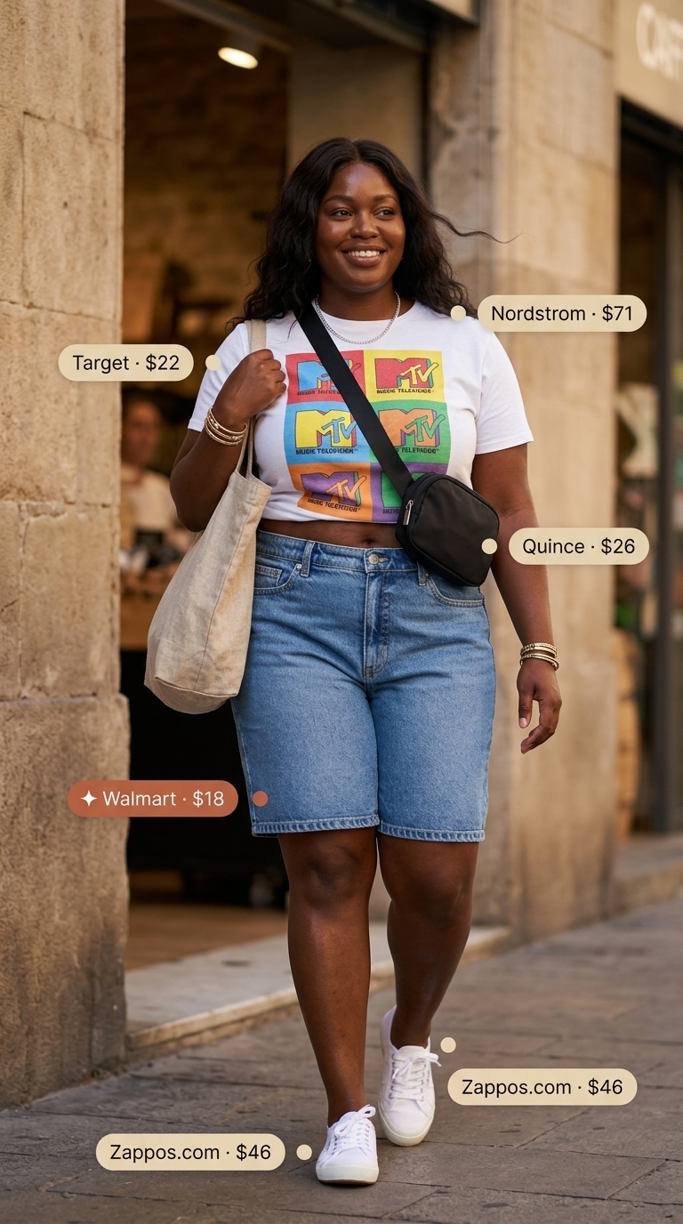 Curvy Summer Outfit 2026: City Explorer Shorts Curvy outfit summer for women 2026: Denim shorts, graphic tee, sneakers, and belt bag for cool city exploration.