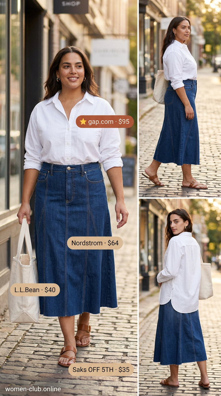Curvy Outfit Summer for Women 2026: Retro Denim Duo Curvy outfit summer for women 2026: Denim midi skirt, white shirt, tan sandals for casual day.