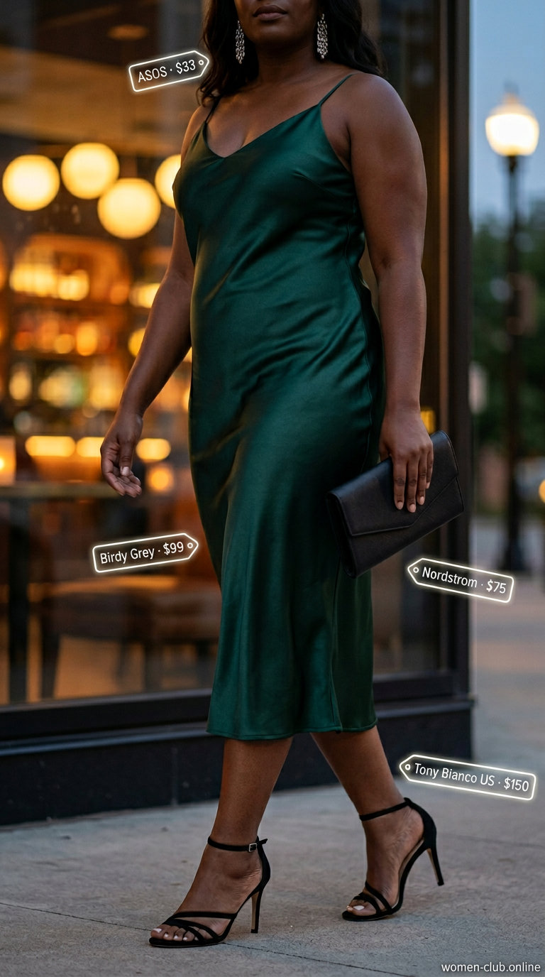 Curvy Outfit Summer for Women 2026: Emerald City Slip Dress Curvy outfit summer for women 2026: Emerald green slip dress, black heels, clutch for date night.
