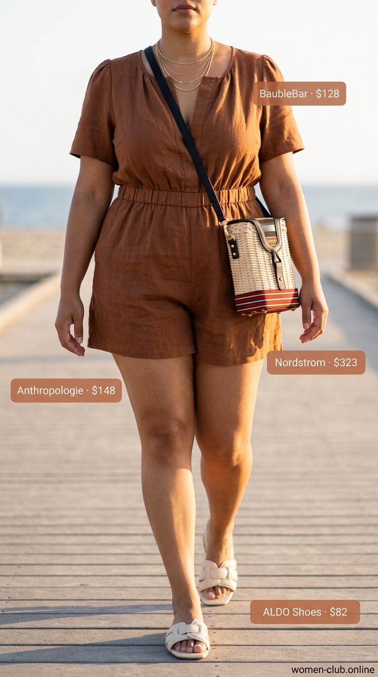 Curvy Summer Outfit 2026: Vacation Romper Curvy outfit summer for women 2026: Terracotta linen romper, leather slides, and straw crossbody for vacation.