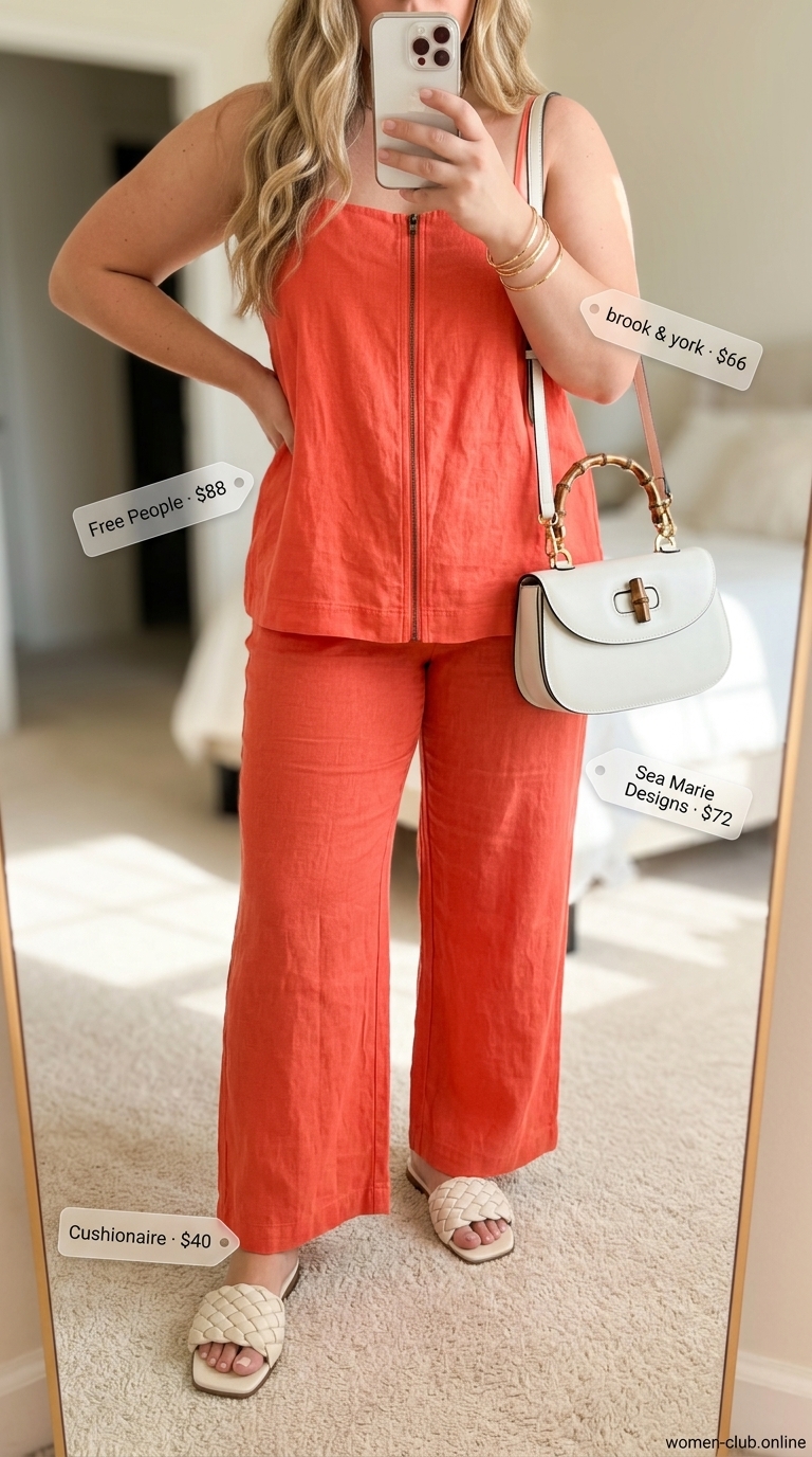 Curvy Outfit Summer for Women 2026: Sunshine Linen Set Curvy outfit summer for women 2026: Coral linen set, wood bag, flat sandals for brunch.