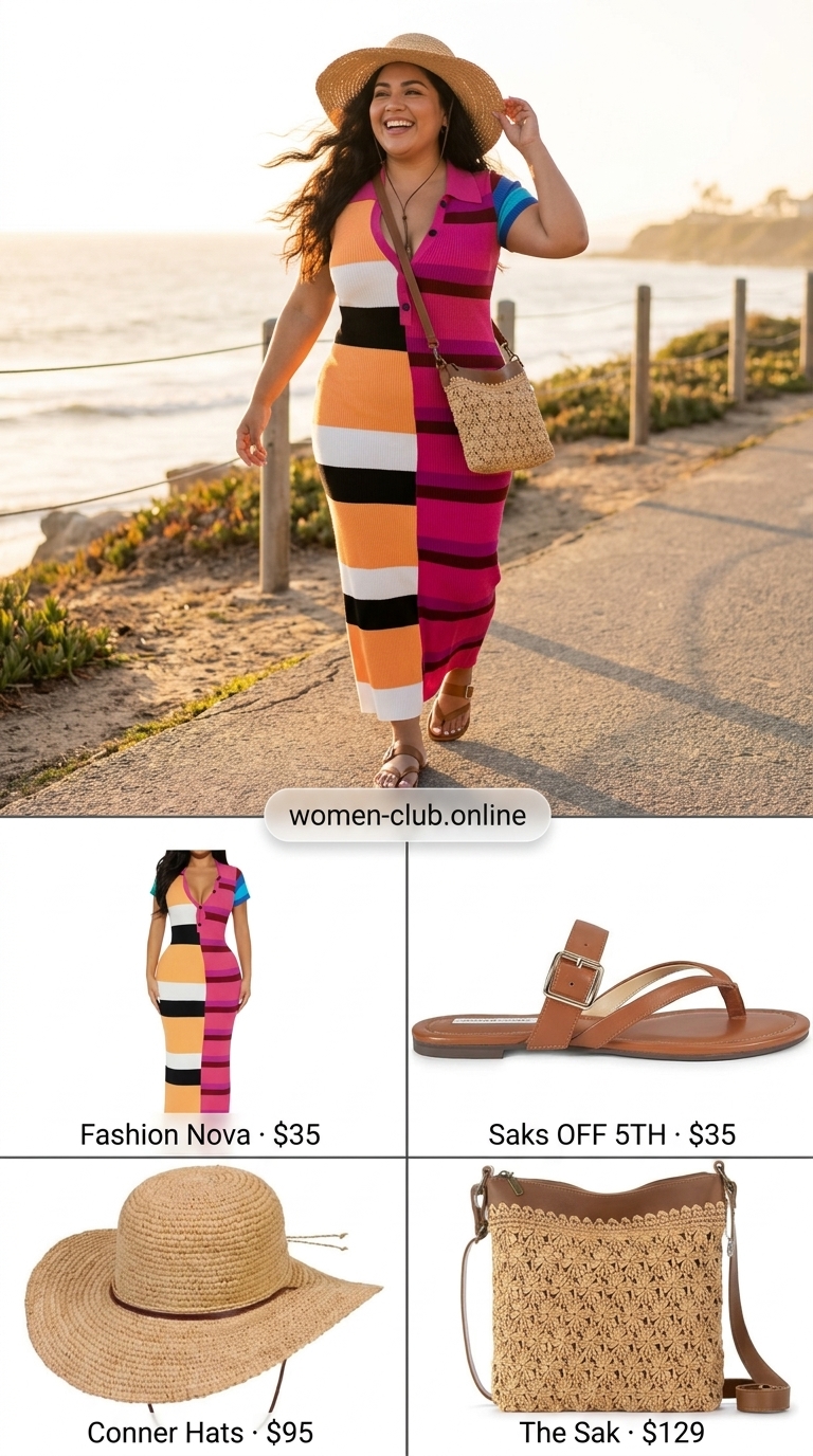 Curvy Outfit Summer for Women 2026: Playful Maxi Sundress Curvy outfit summer for women 2026: Multi-color maxi sundress, straw hat, leather sandals for vacation.