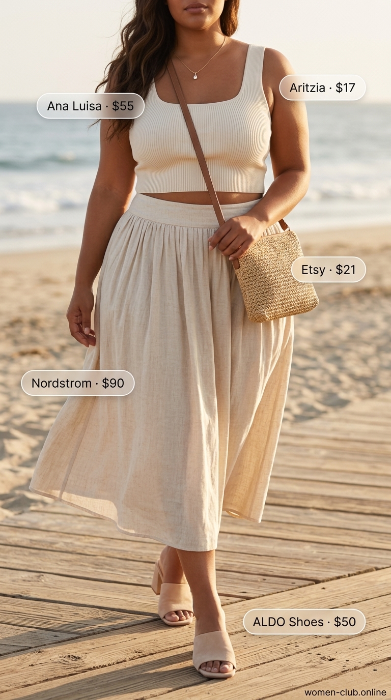 Chic Curvy Summer Outfit 2026: Monochrome Midi Skirt Curvy outfit summer for women 2026: Cream monochrome midi skirt with fitted crop top and heeled mules for a summer event.