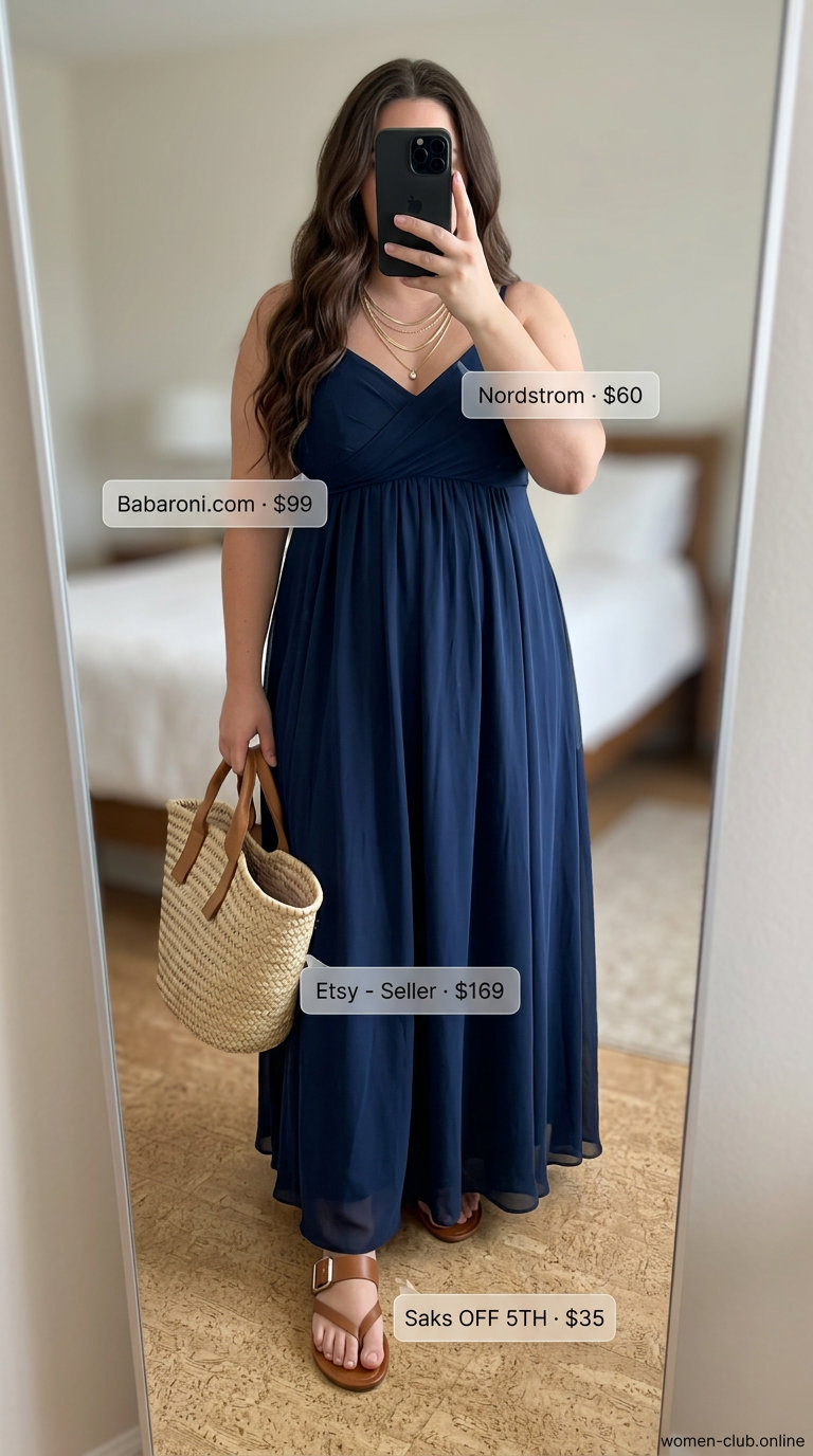 Elegant Curvy Summer Outfit 2026: Navy Maxi Dress Curvy outfit summer for women 2026: Navy blue maxi dress with leather sandals and straw tote for evening out.