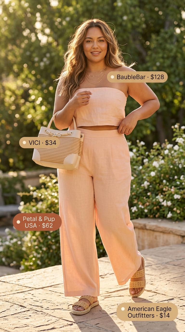 Curvy Summer Outfit 2026: Peach Linen Set Curvy outfit summer for women 2026: Peach linen set with cropped top and wide-leg pants for summer evenings.