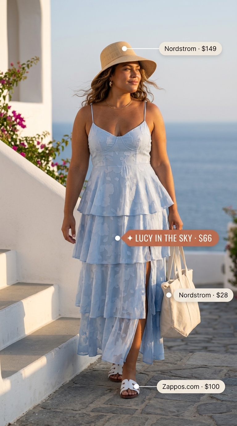 Curvy Summer Outfit 2026: Coastal Maxi Dress Curvy outfit summer for women 2026: Sky blue maxi dress, white sandals, and straw hat for beach day.