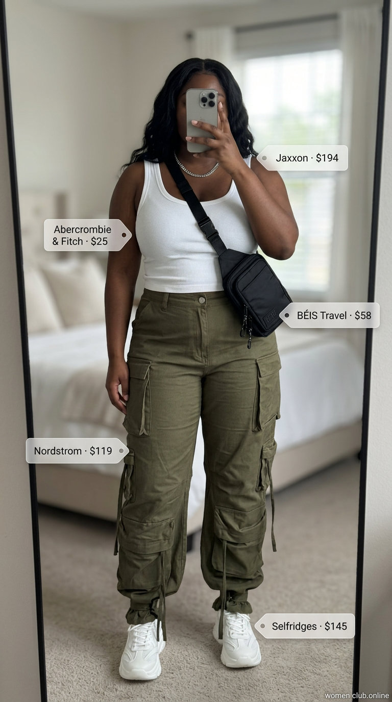 Curvy Outfit Summer for Women 2026: Urban Explorer Style Curvy outfit summer for women 2026: Olive cargo pants, white tank, chunky sneakers for a casual city day.