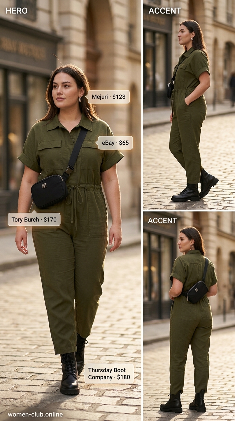 Curvy Summer Outfit 2026: Utility Jumpsuit Style Curvy outfit summer for women 2026: Olive green utility jumpsuit with black combat boots and belt bag for casual day out.