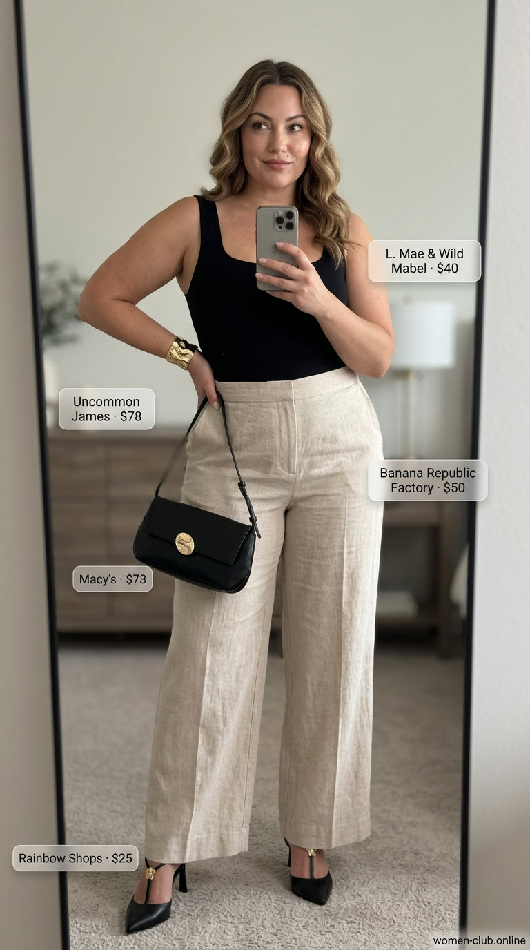 Curvy Outfit Summer for Women 2026: Chic Wide-Leg Ease Curvy outfit summer for women 2026: Beige wide-leg pants, black bodysuit, heeled sandals for dinner.