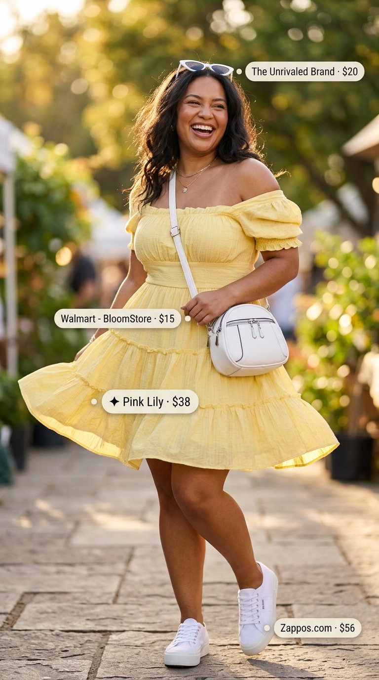 Curvy Summer Outfit 2026: Retro Mini Dress Curvy outfit summer for women 2026: Yellow babydoll mini dress, white sneakers, and cat-eye sunglasses for a retro vibe.
