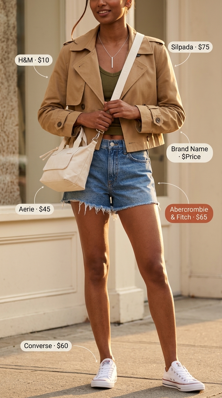 Cool Comfort Cut Off Denim Shorts for Women 2026 | Effortless Casual Casual cool comfort outfit with cut off summer denim shorts for women 2026, olive green tank, canvas bag, and white sneakers for effortless style.
