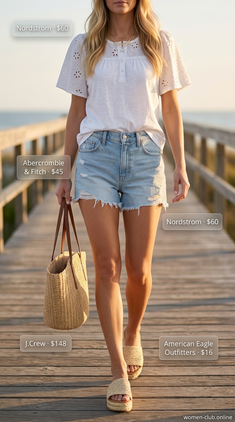 Coastal Breeze Brunch Outfits 2026 Coastal Breeze Brunch outfit with cut off summer denim shorts for women 2026, white eyelet blouse, and straw tote.