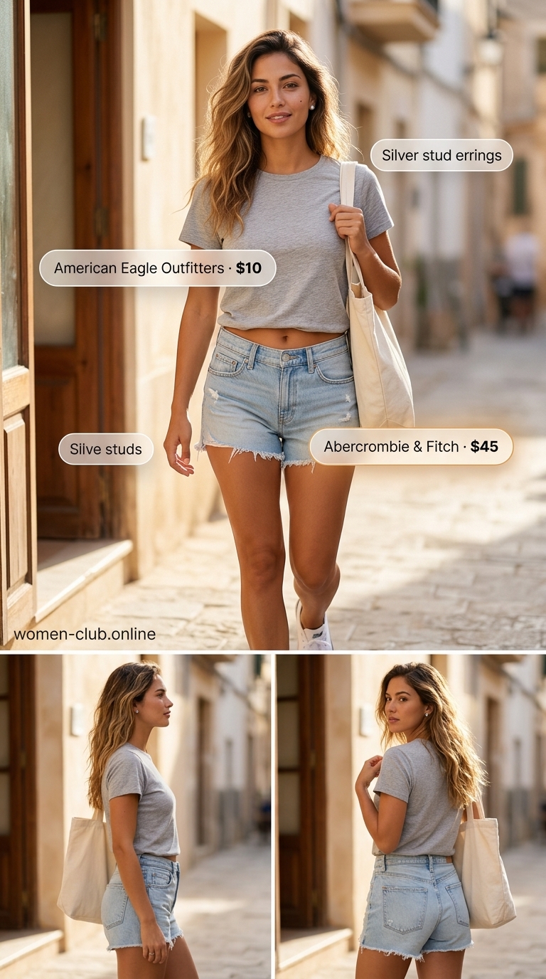 Comfort Core Cut Off Denim Shorts for Women 2026 | Everyday Casual Casual comfort core outfit with cut off summer denim shorts for women 2026, grey tee, canvas tote, and white sneakers for everyday wear.