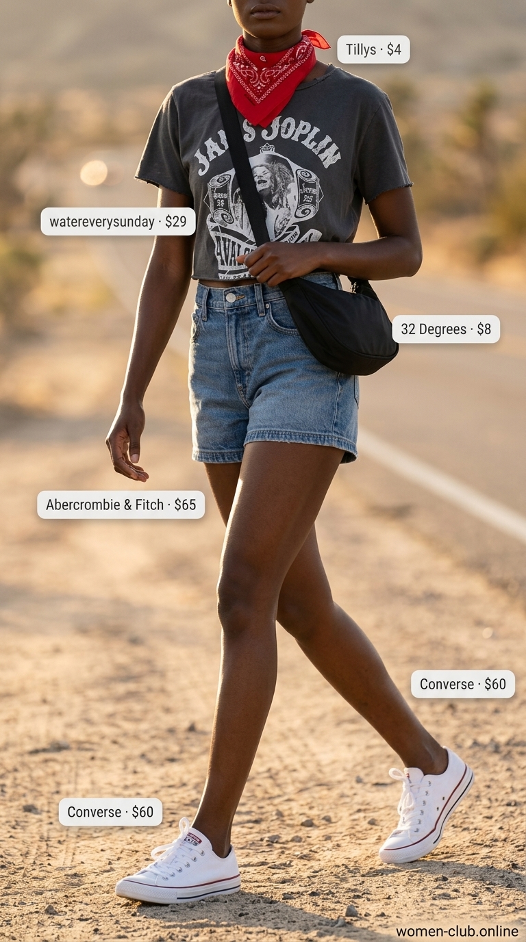 Desert Road Trip Outfits 2026 Desert Road Trip outfit with cut off summer denim shorts for women 2026, band tee, and bandana.