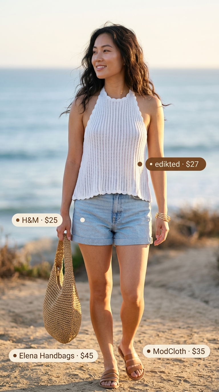 Golden Hour Beach Babe Outfits 2026 Golden Hour Beach Babe outfit with cut off denim shorts for women 2026, crochet top, and straw bag.