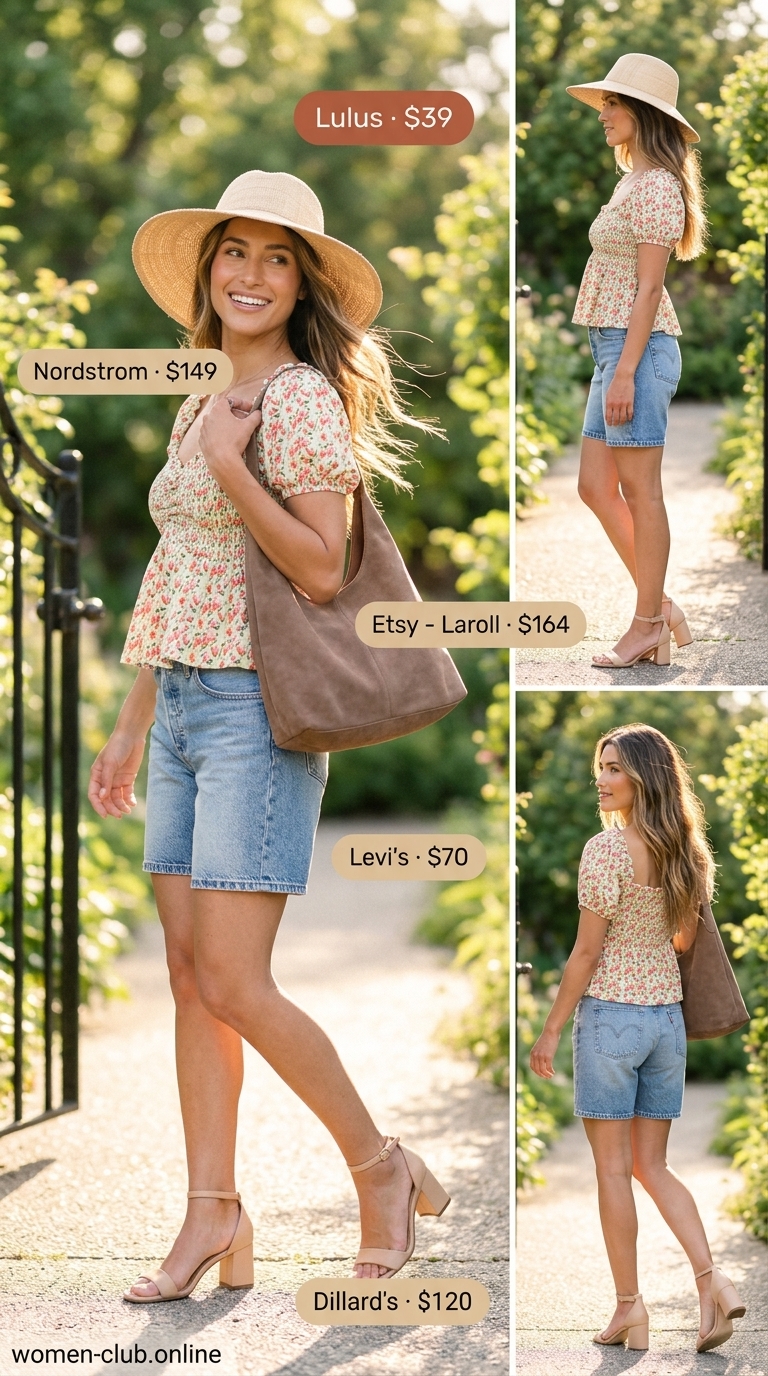 Modern Prairie Summer Outfits 2026 Modern Prairie Summer outfit with cut off denim shorts for women 2026, floral blouse, and straw hat.