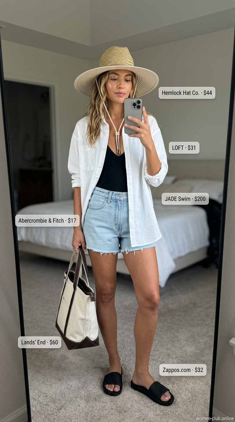 Poolside Chic Outfits 2026 Poolside Chic outfit featuring cut off summer denim shorts for women 2026, linen shirt, and swimsuit.