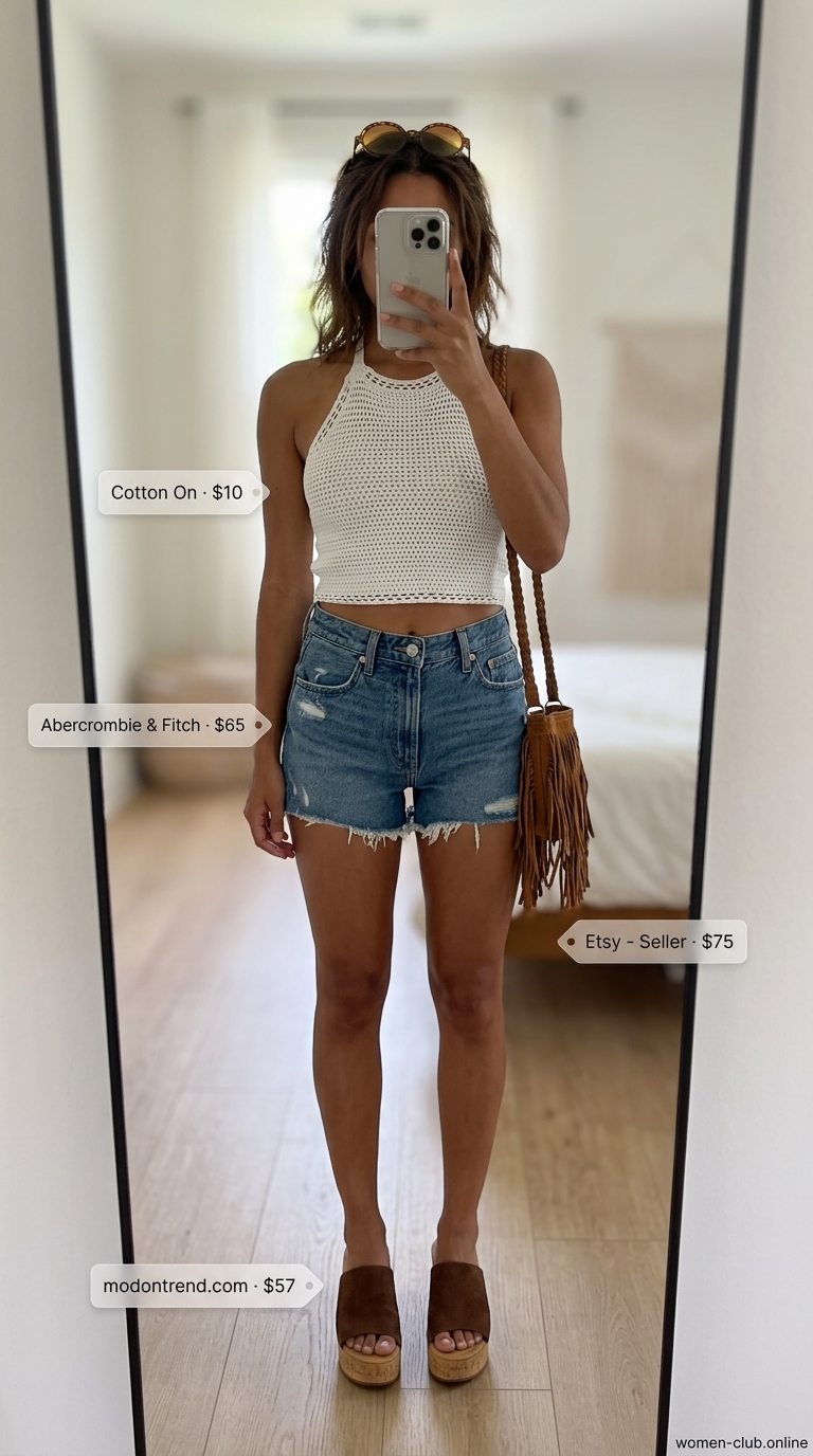 Retro Vibe Daydream Outfits 2026 Retro Vibe Daydream outfit with cut off denim shorts for women 2026, crochet top, and fringe bag.