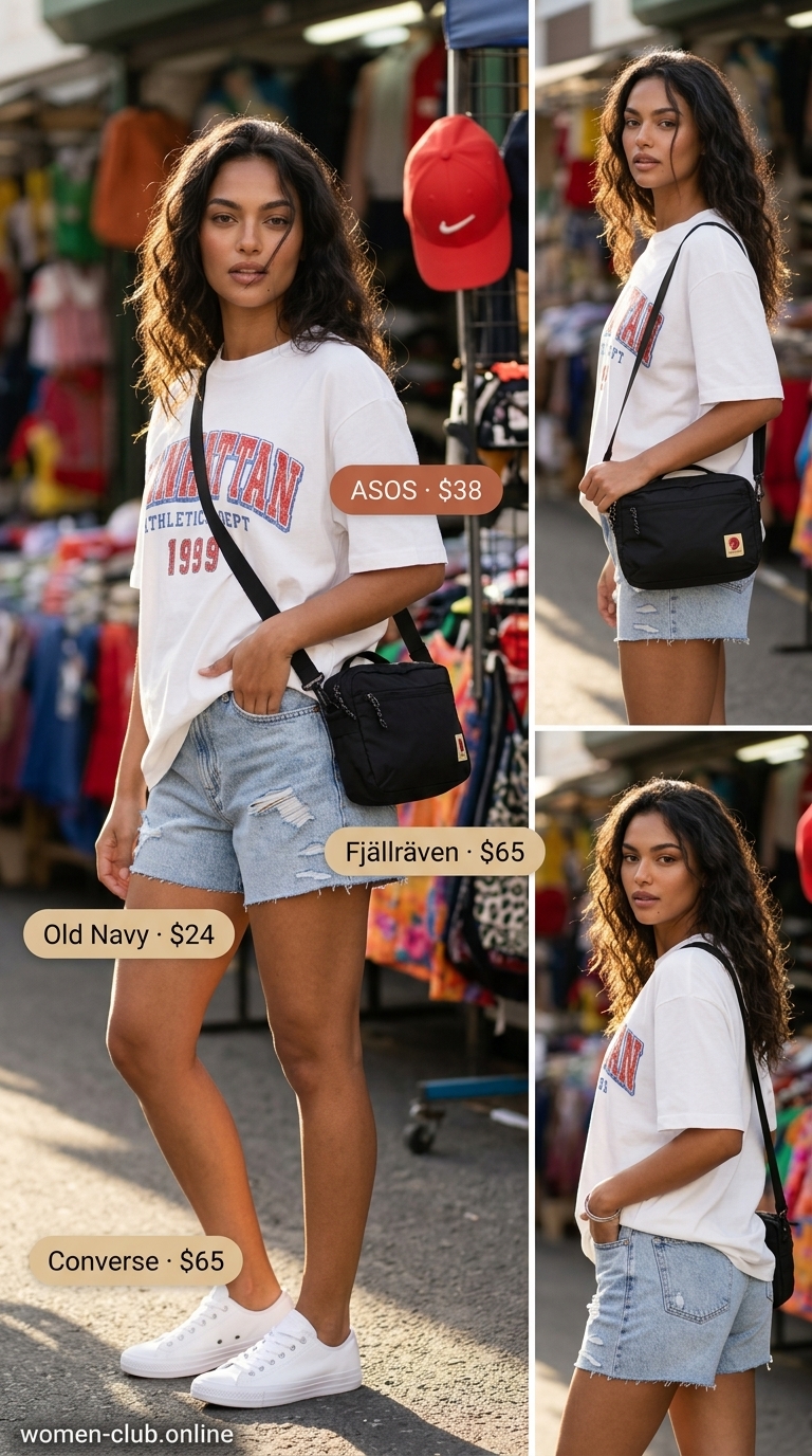 Sporty Cut Off Denim Shorts for Women 2026 | Casual Day Sporty cut off summer denim shorts for women 2026 with an oversized graphic tee, white sneakers, and a red cap for a casual outing.
