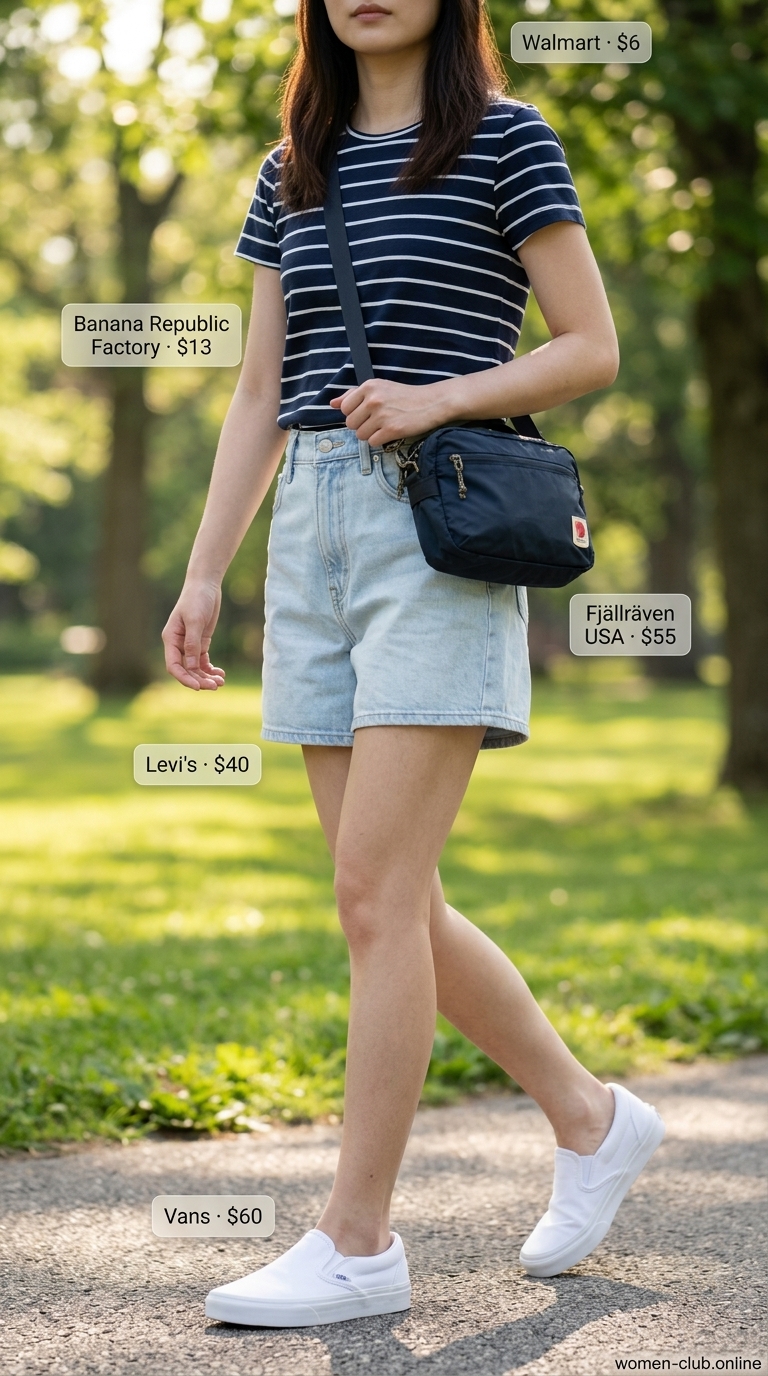 Gardener Cut Off Denim Shorts for Women 2026 | Weekend Casual Weekend gardener outfit featuring cut off summer denim shorts for women 2026, striped tee, canvas sneakers, and navy cap for casual outdoor fun.